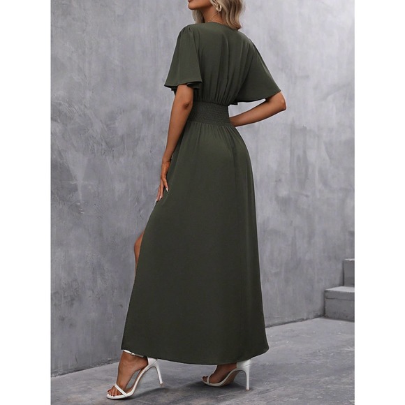 v neck Butterfly Sleeve Split Thigh maxi Dress black - Picture 6 of 11